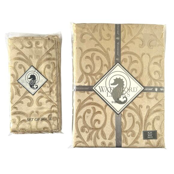 Waterford Linens Anya Tablecloth 90” Round + 4 Napkins Set Polyester Gold Design - Picture 1 of 8